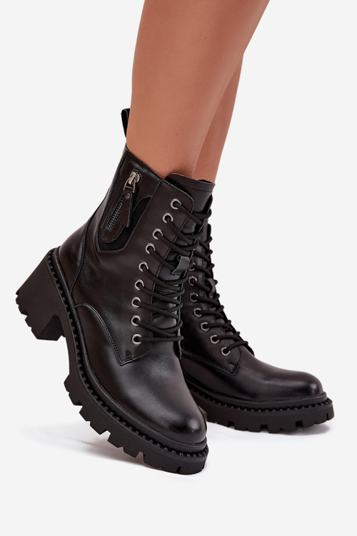 Skórzane Botki Damskie Na Klocku Ocieplane Vinceza 86418 Czarne