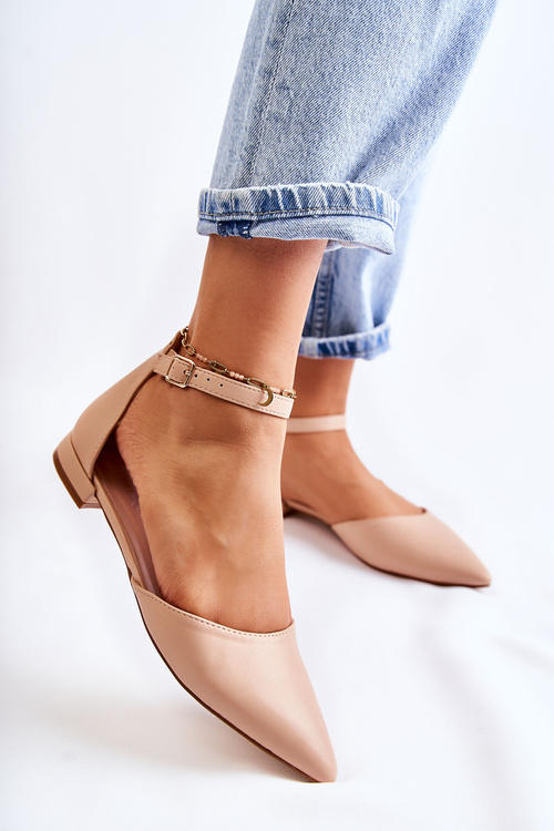 Damskie Skórzane Baleriny Sandały W Szpic Beżowe Caprise