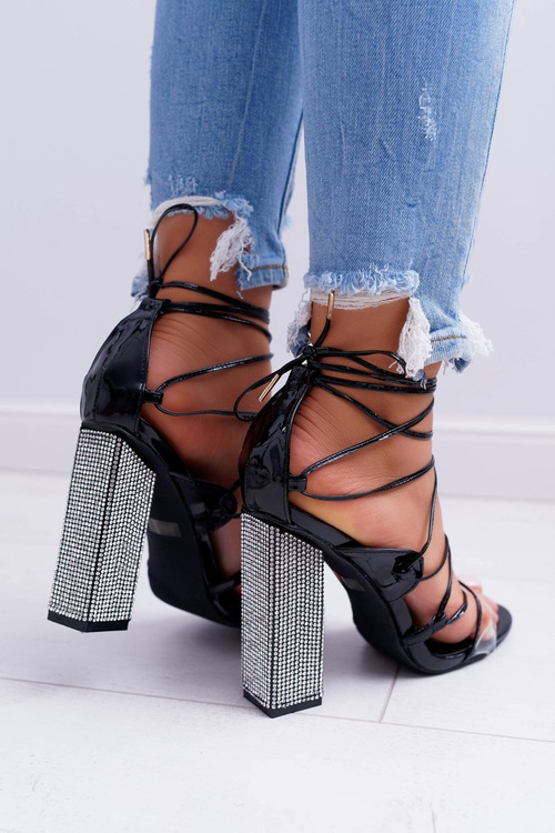 Sandały Damskie Na Słupku Z Cyrkoniami Wiązane Czarne Everything