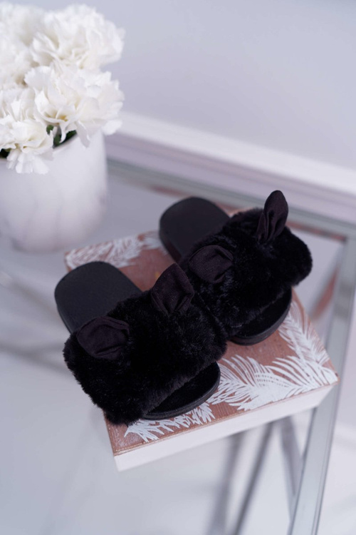 Dziecięce Klapki Z Futerkiem I Uszkami Czarne Thoa