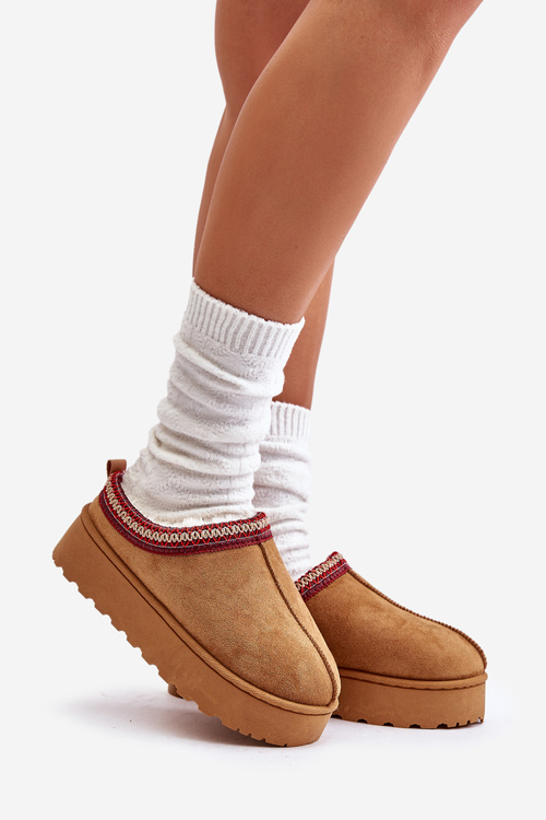 Śniegowce Damskie Na Platformie Ocieplane Futerkiem Camel Remenia