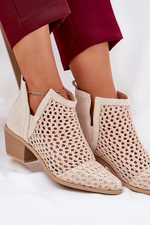 Ażurowe Botki Damskie Na Obcasie Z Wycięciami I Plecionką Jasnobeżowe Tulifedi