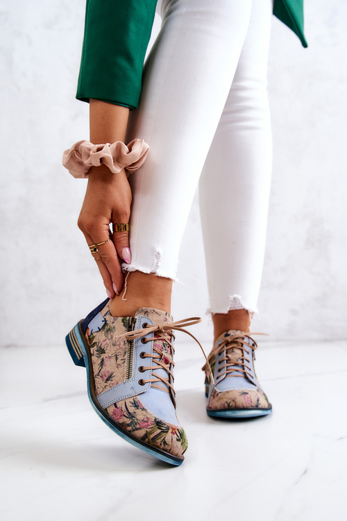 Damskie Skórzane Półbuty W Kwiaty Maciejka 5096A-34 Niebieskie