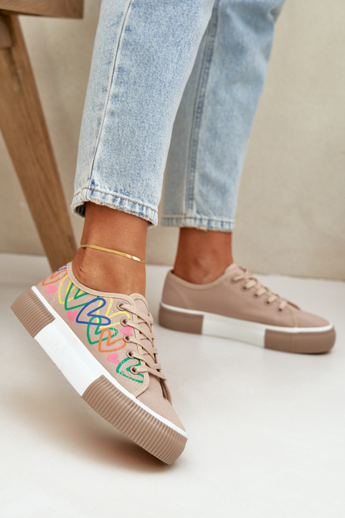 Trampki Tenisówki Damskie W Serca Ciemnobeżowe Fonirea