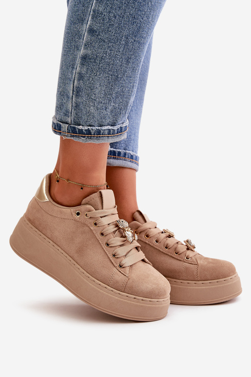 Sneakersy Damskie Na Platformie Z Misiem Beżowe Vailina