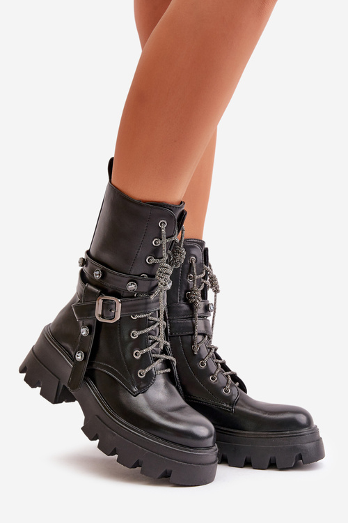 Ocieplane Botki Workery Damskie Z Paskami Czarne Berivana