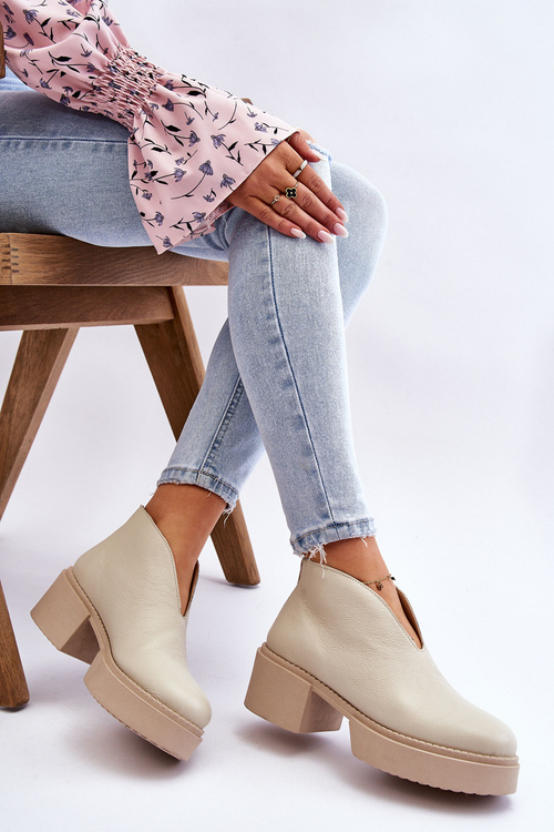 Skórzane Botki Na Masywnym Obcasie Nicole 2795/054 Jasnobeżowe