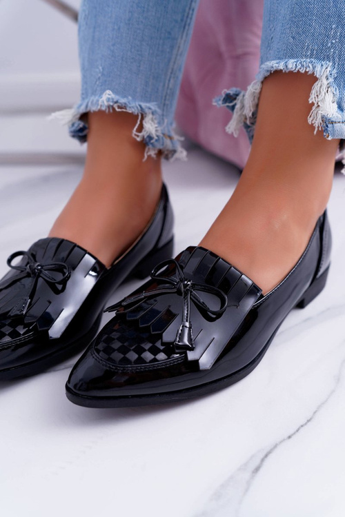 Mokasyny Damskie Lu Boo Czarne Lakierowane Loafer