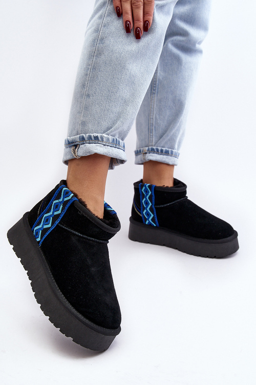 Skórzane Zamszowe Śniegowce Damskie Na Grubej Podeszwie Czarne Vebissat