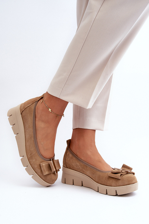 Baleriny Skórzane Na Platformie Z Ozdobą Ciemno Beżowe Lewski 3384