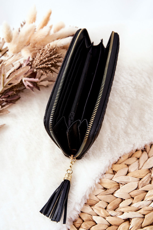 Duży Portfel Pikowany Z Paseczkiem Czarny