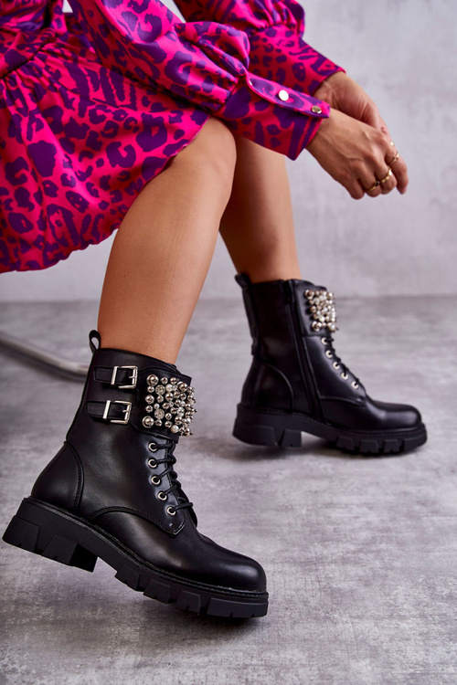 Damskie Botki Z Ozdobami Wiązane Czarne Leonese