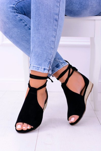 Czarne Zamszowe Sandały na Lekkim koturnie Espanoso