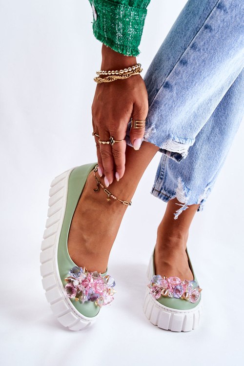 Skórzane Baleriny Na Platformie Z Kolorową Ozdobą Zielone Ladette