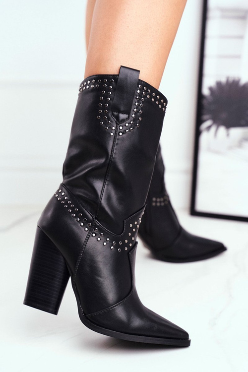 Botki Damskie Na Słupku Ciepłe Kowbojki Czarne Athens