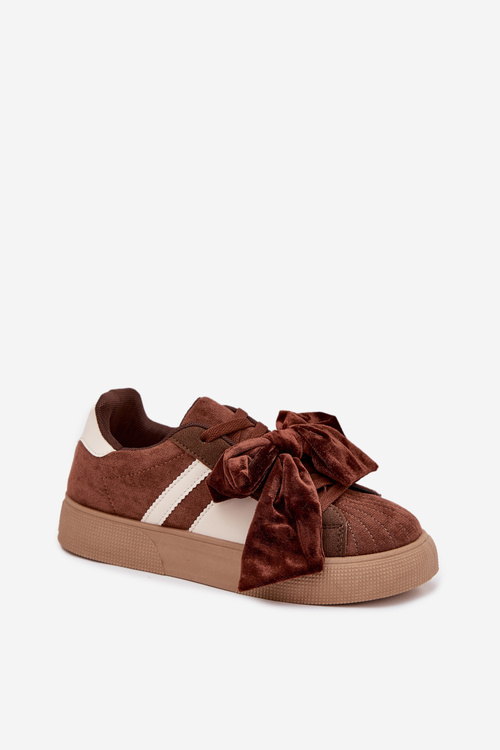 Sneakersy Damskie Z Welurową Kokardą Brązowe Ashlyn