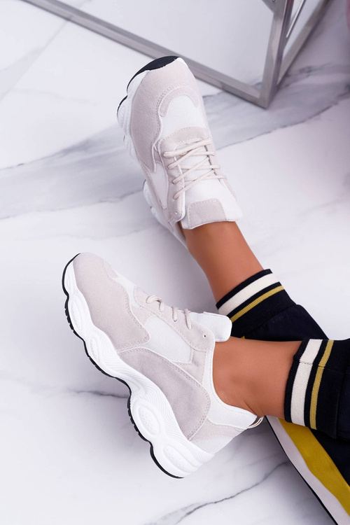 Sportowe Damskie Buty Zamszowe Beżowo Białe Lollipop