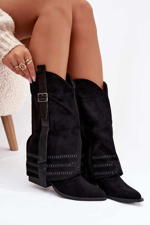 Kozaki Kowbojki Damskie Ze Zdobieniem I Klamrą Czarne Camilora