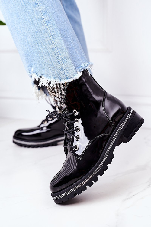 Lakierowane Ocieplane Workery Z Cyrkoniami Czarne Attention