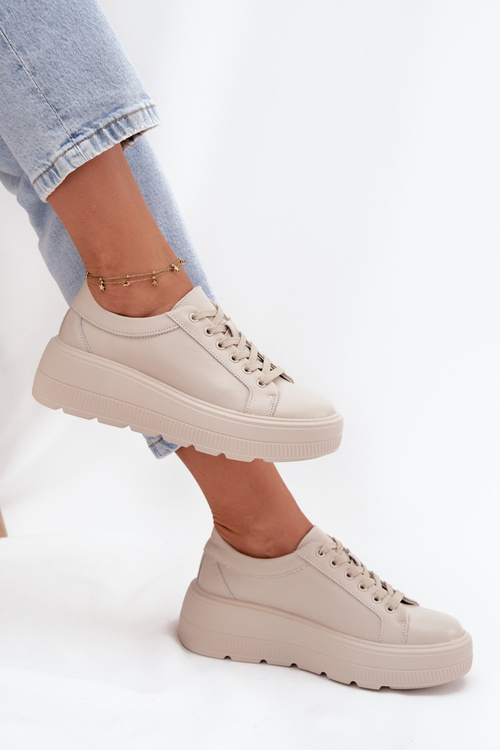 Skórzane Sneakersy Na Masywnej Platformie Beżowe Sylvessa