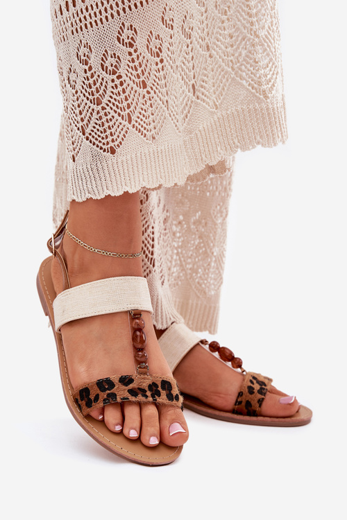 Płaskie Sandały Damskie Z Koralikami Panterka Brązowe Virona