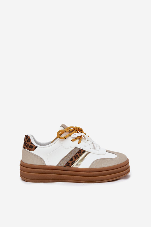 Sneakersy Damskie Na Platformie Z Podwójnym Sznurowaniem Panterka Białe Niteria