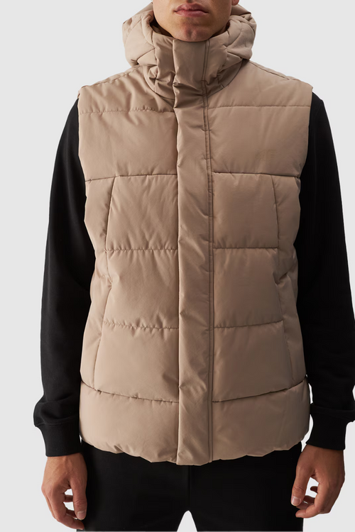 Bezrękawnik Puchowy Męski Z Kapturem 4FWAW24TVJAM144-83S Beżowy