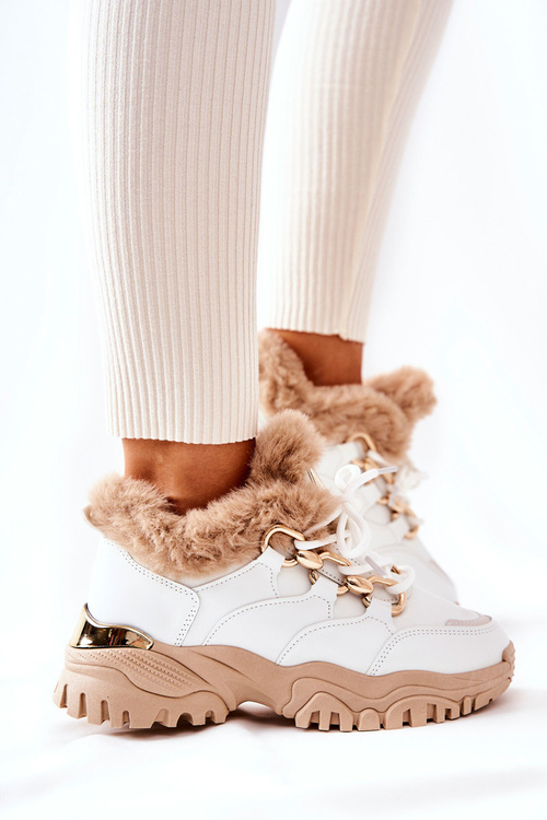 Skórzane Ocieplane Sportowe Buty Biało-Beżowe Shiney