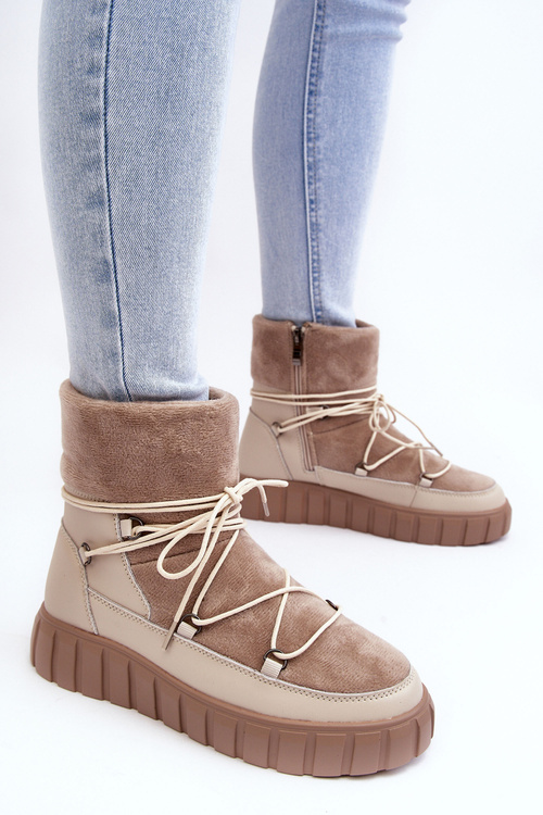 Skórzane Śniegowce Botki Na Platformie Beżowe Maxava