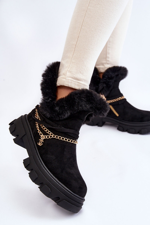 Zamszowe Damskie Botki Z Ozdobnym Łańcuchem Czarne Respecto