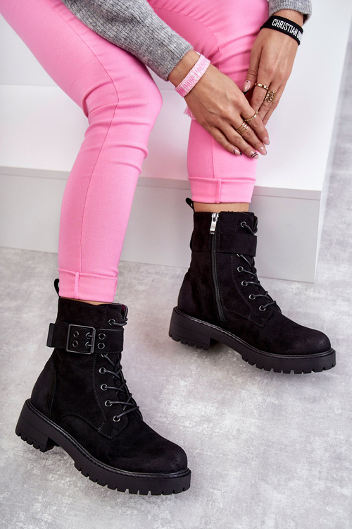 Damskie Botki Zamszowe Sznurowane Na Płaskim Obcasie Czarne Firmina