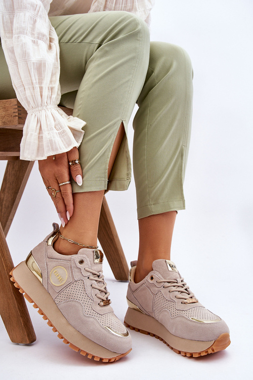 Damskie Zamszowe Buty Sportowe Na Platformie GOE LL2N4001 Beżowe