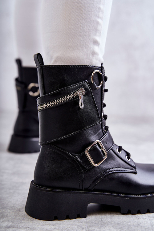 Skórzane Botki Na Płaskim Obcasie Czarne Marlis