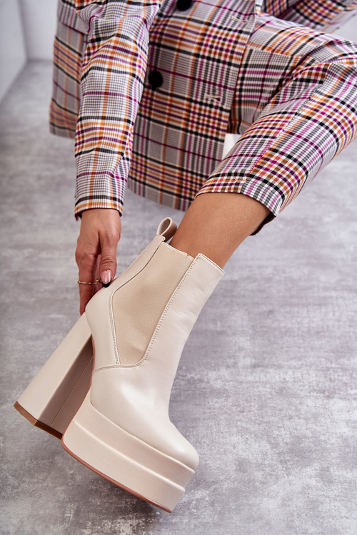 Damskie Skórzane Botki Na Masywnym Obcasie Beżowe Jones