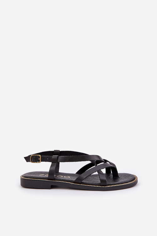 Skórzane Płaskie Sandały Z Przeplatającymi Się Paseczkami Zazoo 40429 Czarne