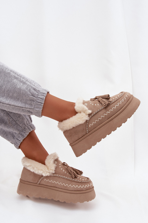 Śniegowce Damskie Na Platformie Z Futerkiem I Frędzlami Beżowe Ferayne