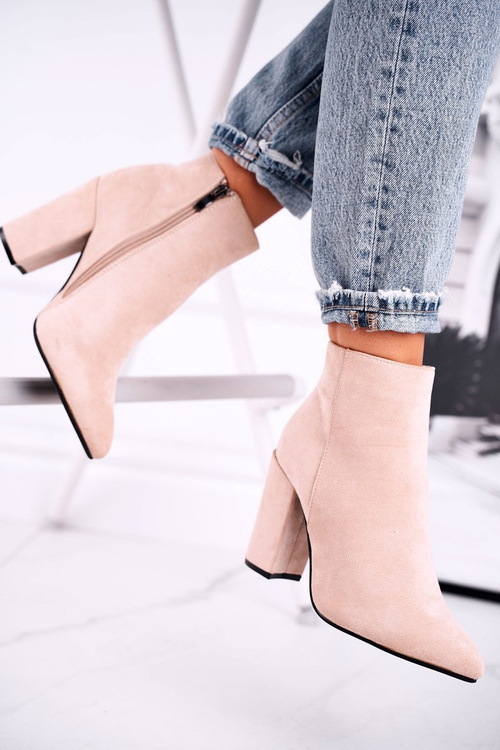 Botki Damskie na Słupku Zamszowe Beżowe Sharks