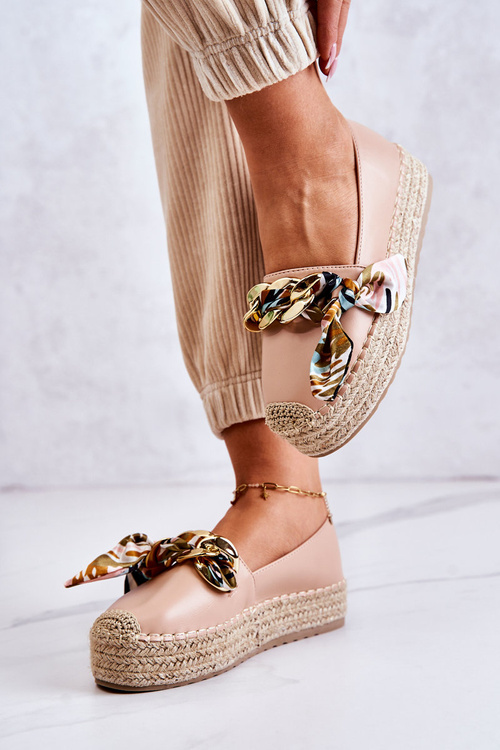 Skórzane Damskie Espadryle Z Łańcuchem Beżowe Fancy