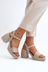 Zazoo 40386 Damskie Skórzane Sandały Na Klocku Beżowe
