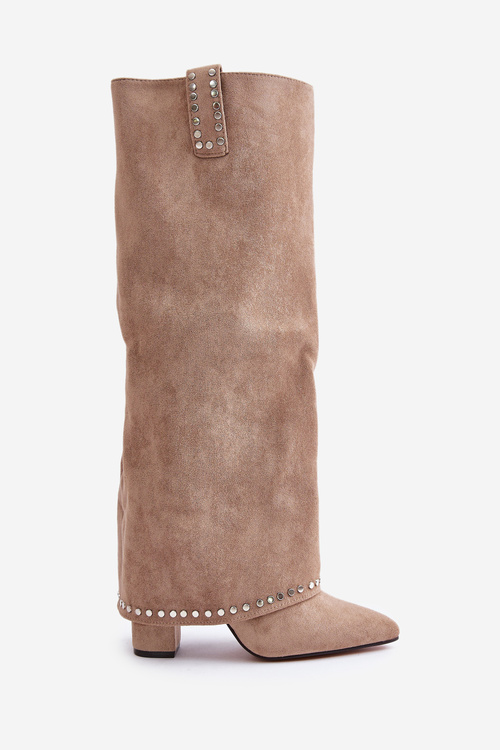 Kozaki Damskie Z Wywiniętą Cholewką Na Słupku Beżowe Kaithena