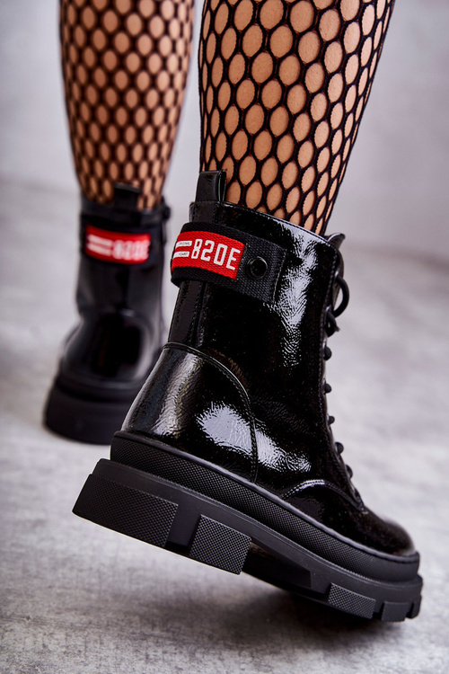 Damskie Lakierowane Botki Workery Sznurowane Czarne Conny