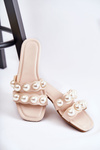 Damskie Skórzane Klapki Z Ozdobnymi Perełkami Beżowe Lasello