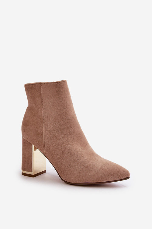 Botki Damskie Na Słupku Zapinane Na Zamek Ocieplane Eko Zamszowe Jasnobrązowe Mevair