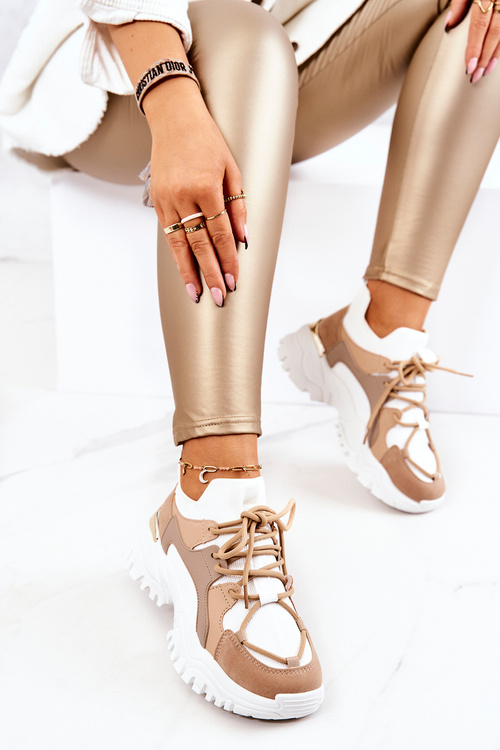 Sportowe Buty Sneakersy Skarpetkowe Beżowo-Białe Colleen