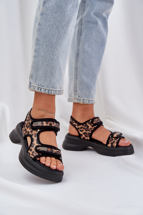 Eko Skórzane Lekkie Sandały Na Platformie Panterka Brązowe Deniffia