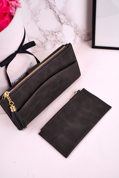 Duży Portfel Damski Z Dodatkową Portmonetką I Frędzlami Szary