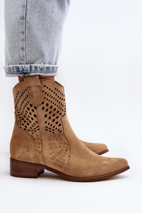 Zazoo 3305/2 Damskie Ażurowe Botki Kowbojki Na Niskim Obcasie Zamszowe Beżowe