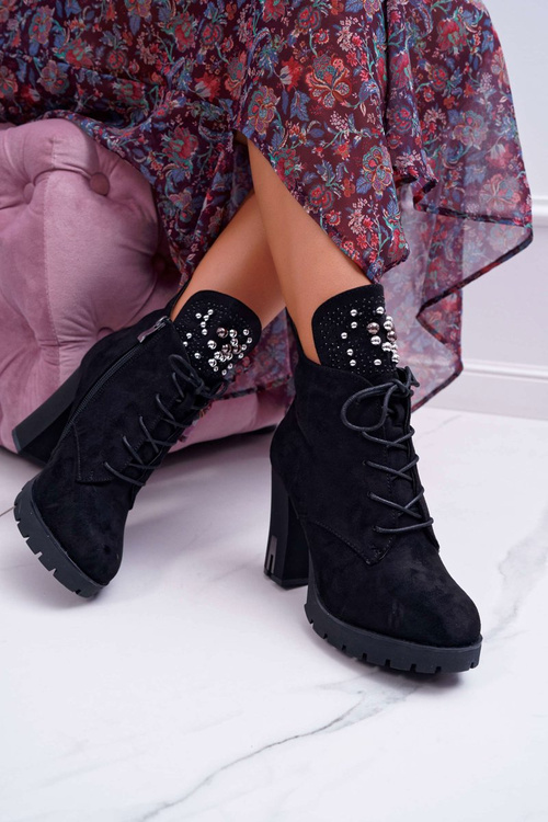 Botki Damskie na Słupku Platformie Zamszowe Czarne Fieste