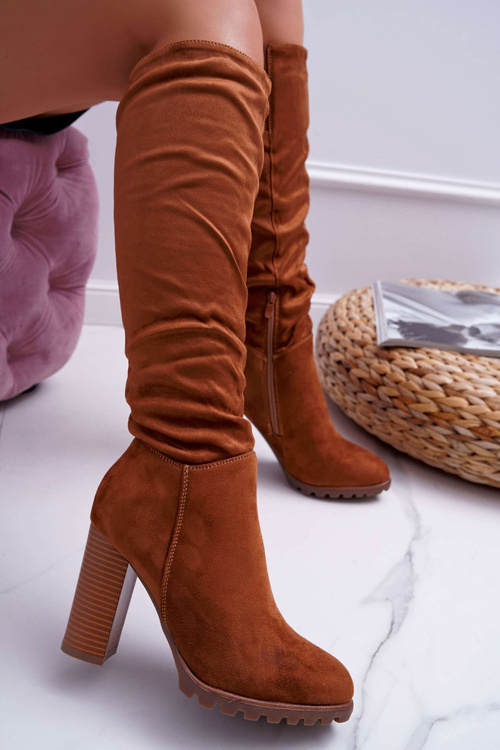 Kozaki Damskie Na Słupku Zamszowe Camel Marion