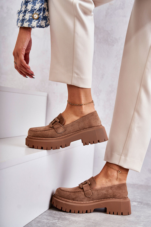 Damskie Półbuty Zamszowe Z Ozdobą Ciemnobeżowe Leeza